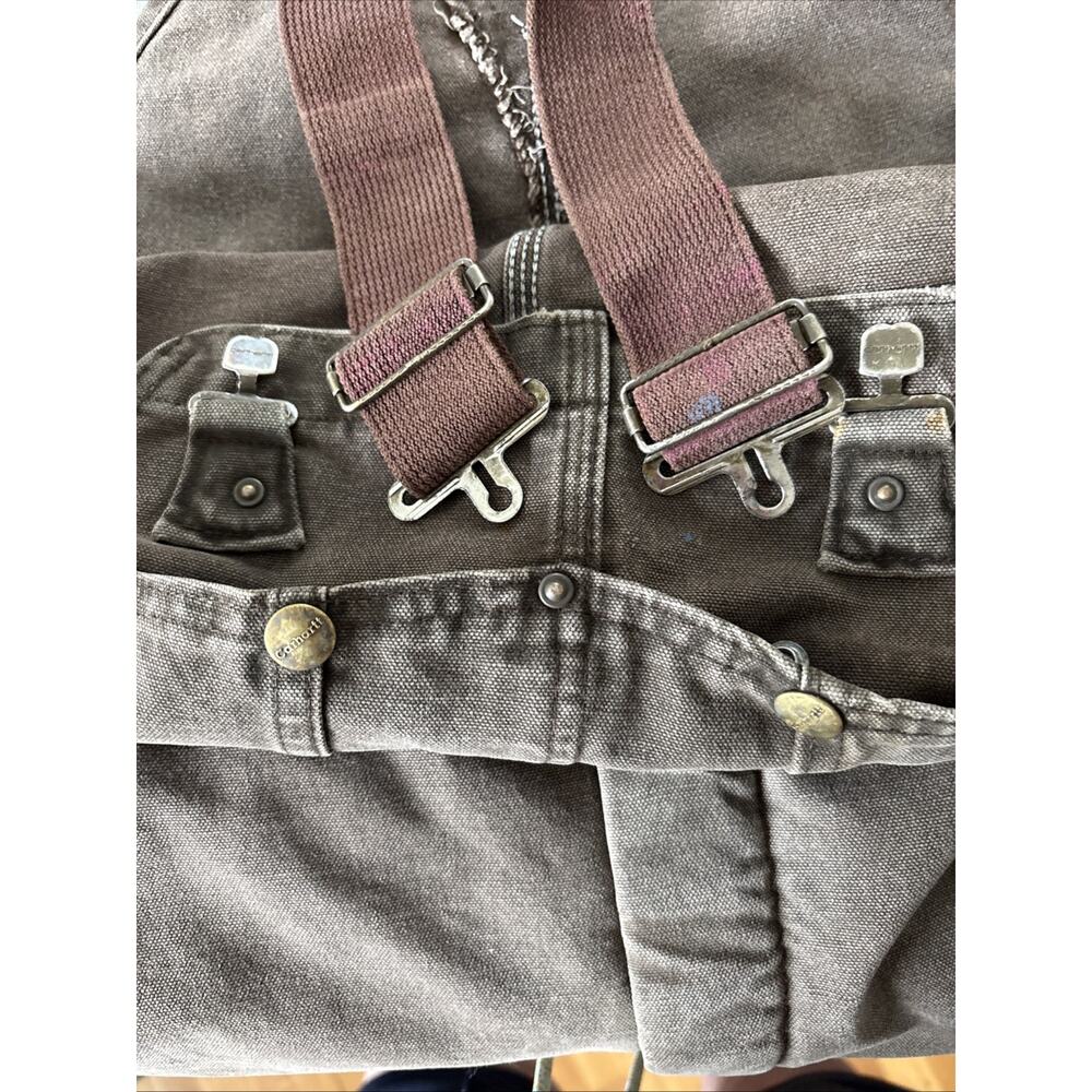 VTG Carhartt Thrashed Bibs Workwear Double Knee Duck Canvas Quilt Lined Y2K - Picture 13 of 16